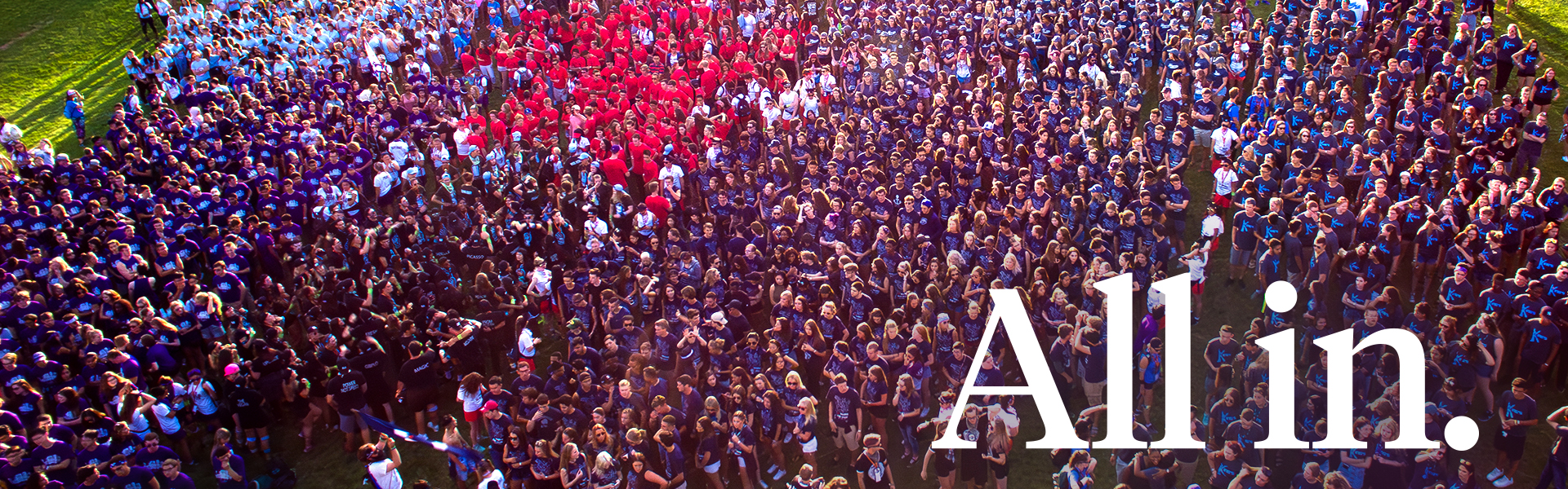 aerial photo of students at orientation week and the words All in